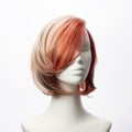 Hair wig over the plastic mannequin head isolated over the white background, mockup featuring contemporary women hairstyles, Royalty Free Stock Photo