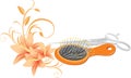 Hairbrush, scissors and bouquet of lilies