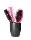 Hairbrushes and comb in holder on white