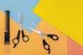 Hairbrushes and scissors, two pairs of texturizing or thinning scissors for haircuts. Copy space, flat lay Royalty Free Stock Photo