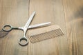 Hairbrushes, sprayer and a scissors on a wooden board Royalty Free Stock Photo