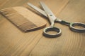 Hairbrushes, sprayer and a scissors on a wooden board, selective focus Royalty Free Stock Photo