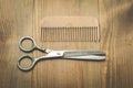 Hairbrushes, sprayer and a scissors on a wooden board, top view Royalty Free Stock Photo