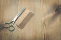 Hairbrushes, sprayer and a scissors on a wooden board, top view and copy space Royalty Free Stock Photo