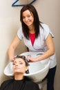 Hairdresser washing her woman customer hair Royalty Free Stock Photo