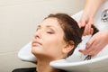 Hairdresser washing her woman customer hair Royalty Free Stock Photo