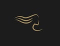 Haircare symbol, girl head gold line silhouette. Logotype for lotion, mask, shampoo, oil for hair health. Vector logo