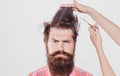 Haircut. Barber Shop procedures. Hairdresser concept. Woman cuts hair with scissors. Man with long beard, mustache and Royalty Free Stock Photo