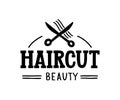 Haircut Beauty - Hand drawn logo for hair and beauty salon with scissors and hair symbols.