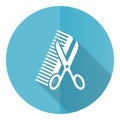 Haircut blue round flat design vector icon isolated on white background, style, hair salon illustration in eps 10 Royalty Free Stock Photo