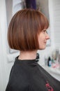 Haircut bob on bright mahogany hair of a young woman in a beauty salon Royalty Free Stock Photo