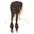 Haircut, two long braids, back view, black hair, , for presentation of hair clips, hair ties, shinyen on a white background