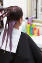 Hairdresser applying color female customer at salon, doing hair dye