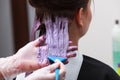 Hairdresser applying color female customer at salon, doing hair dye