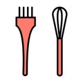 Hairdresser brush and hair dye mixing whisk isolated outline icon. Vector plastic color mixing whisk and brush tool for hair