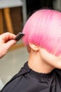 A hairdresser is combing the dyed pink short hair of the female client in a hairdresser salon. Royalty Free Stock Photo