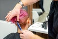 A hairdresser is combing the dyed pink wet short hair of the female client in the hairdresser salon, back view. Royalty Free Stock Photo