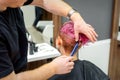 A hairdresser is combing the dyed pink wet short hair of the female client in the hairdresser salon, back view. Royalty Free Stock Photo