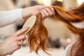 Hairdresser combing her long, red hair of his client in the beauty salon. Royalty Free Stock Photo