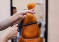 Hairdresser combing her long, red hair of his client Royalty Free Stock Photo