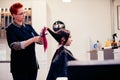 Hairdresser combing woman customer hair Royalty Free Stock Photo