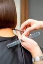 The hairdresser cuts the hair of a brunette woman. Hairstylist is cutting the hair of female client in a professional Royalty Free Stock Photo