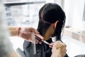 Hairdresser cutting client`s hair in salon with scissors closeup. Using a comb Royalty Free Stock Photo