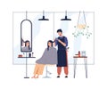 Hairdresser cutting clients hair in salon. Hairstylist doing haircut with scissors for woman customer in chair Royalty Free Stock Photo