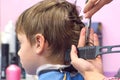 Hairdresser cutting hairs with scissors on boy`s head. Back view, stylist`s hands close-up. Royalty Free Stock Photo