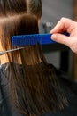 Hairdresser cutting long hair of woman Royalty Free Stock Photo