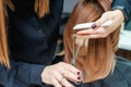 Hairdresser`s hands cutting hair of woman Royalty Free Stock Photo