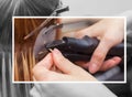 The hairdresser does hair extensions to a young girl, a blonde in a beauty salon. Professional hair care Royalty Free Stock Photo