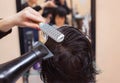 He hairdresser dries her hair a brunette girl Royalty Free Stock Photo