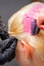 Hairdresser dyes hair of young woman in pink color