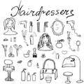 Hairdresser equipment doodles set. Hand-drawn sketch vector illustration,