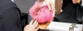 Hairdresser with hands is checking out and fixing the short pink hairstyle of the young white woman in a hair salon. Royalty Free Stock Photo