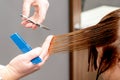 Hairdresser cuts hair of woman Royalty Free Stock Photo