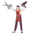 Hairdresser holding huge hair dryer and scissors. Barbershop worker wearing professional uniform flat vector illustration on white