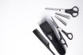 Hairdresser items scissors, comb, clipper on a white background