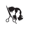 Hairdresser logo, Beauty salon logo with man and woman silhouettes, vector illustration. Royalty Free Stock Photo
