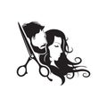 Hairdresser logo, Beauty salon logo with man and woman silhouettes, vector illustration. Royalty Free Stock Photo