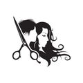 Hairdresser logo, Beauty salon logo with man and woman silhouettes, vector illustration. Royalty Free Stock Photo