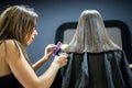 Hairdresser makes haircut to a girl in with long blonde hair. Hairdresser hands holding Royalty Free Stock Photo