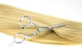 Hairdresser\'s scissors with strand of blonde hair, on white. Long blond human hair close-up and scissors Royalty Free Stock Photo