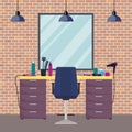 Hairdresser s workplace in woman beauty hairdressing salon. Chair, mirror, table, hairdressing tools, cosmetic products for hair c