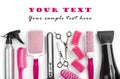 Hairdresser salon tools on white with sample text space