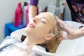 Hairdresser salon. Woman during hair wash.