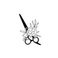 Hairdresser scissors and flower, logo in minimalist and vintage style.