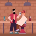 Hairdresser styling hair to man in barbershop, flat cartoon vector illustration.