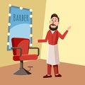 Hairdresser, stylist, an armchair, a mirror, cartoon style, vector illustration